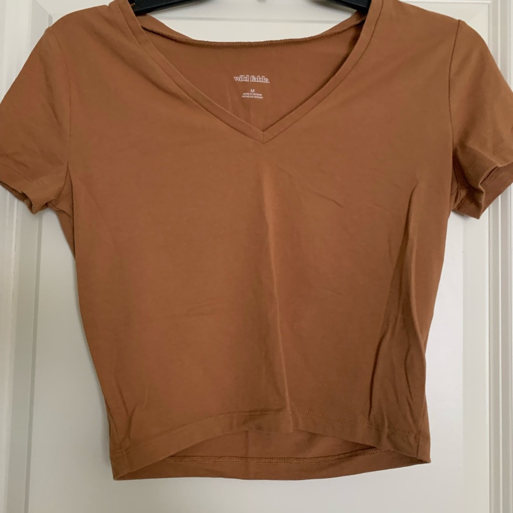 Wild Fable tan short sleeve crop top, size M